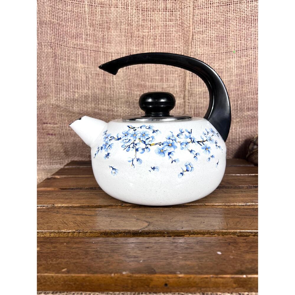 Vintage 70's WMF STAHLEMAIL Enamel Whistling Teapot ~Blue/White Floral~Germany